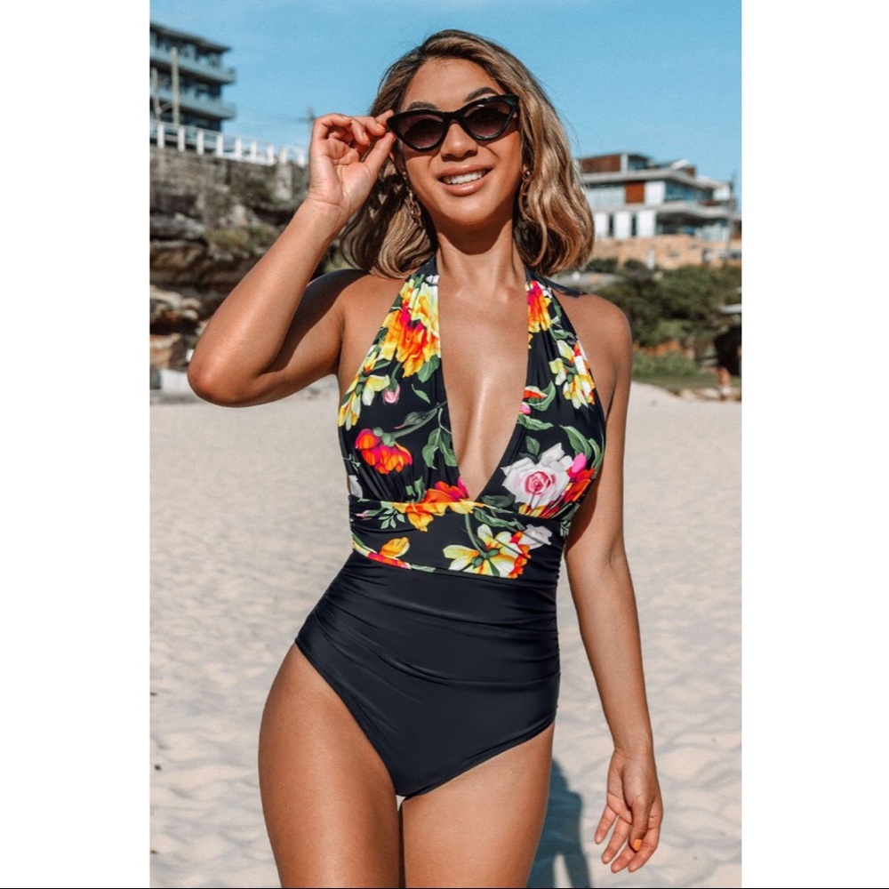 CUPSHE Floral And Black Plunge Halter One Piece Swimsuit